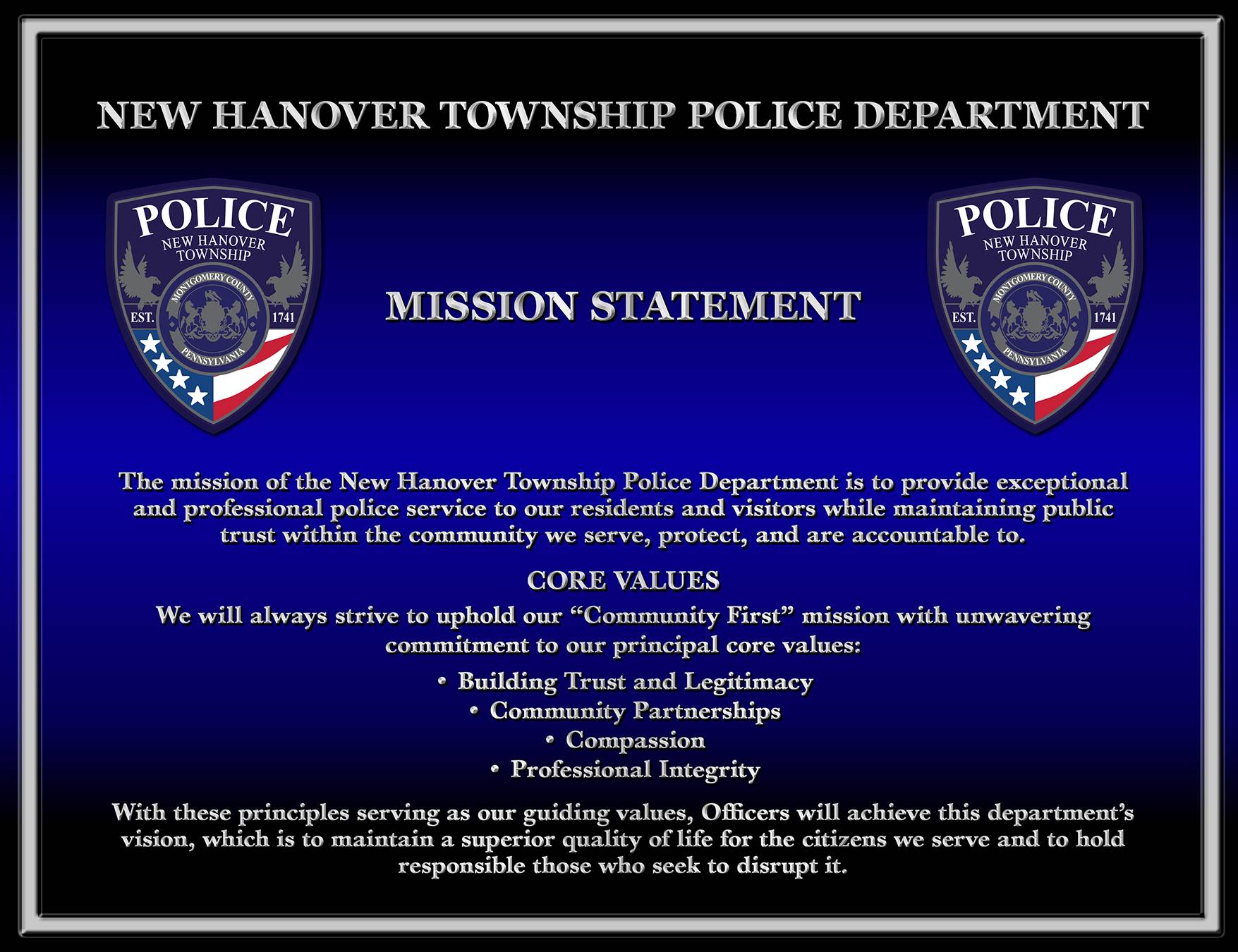 New Hanover TWP CUSTOM MISSION STATEMENT PLAQUE